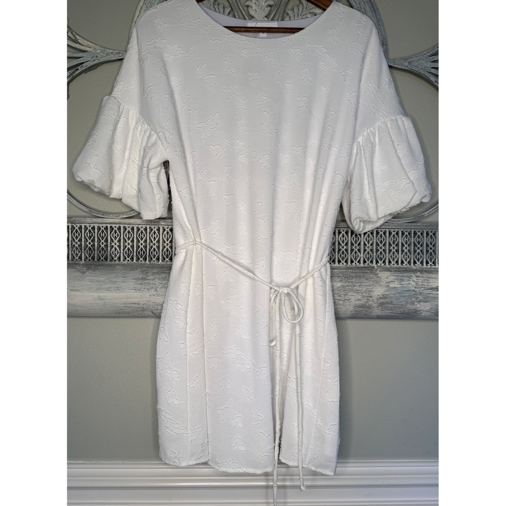 Ces Femme White Textured Jacquard Puff Sleeve Mini Dress Womens Size Small NWT